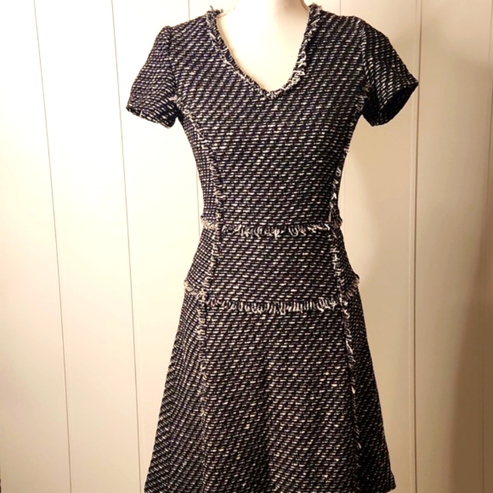Massimo Dutti contrasting stitching houndstooth tweed knit fringe  Sweater dress